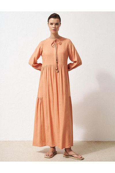 Kayra Φόρεμα με φούντες Half Placket - Peach Design
