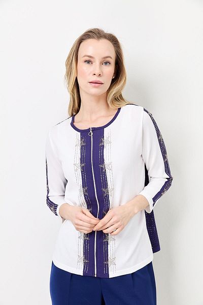 Two Mail Zipper Detailed Knitwear White-Navy Blue