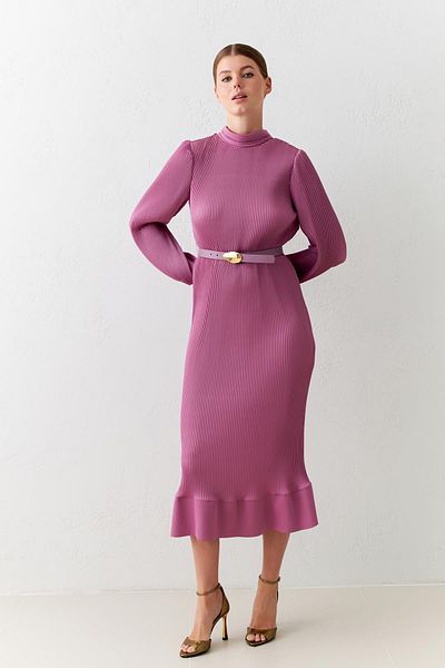 Setre Dusty Rose Pleated Detailed Midi Length Belted Dress