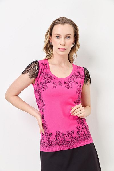 Two Mail Lace Printed Blouse Fuchsia