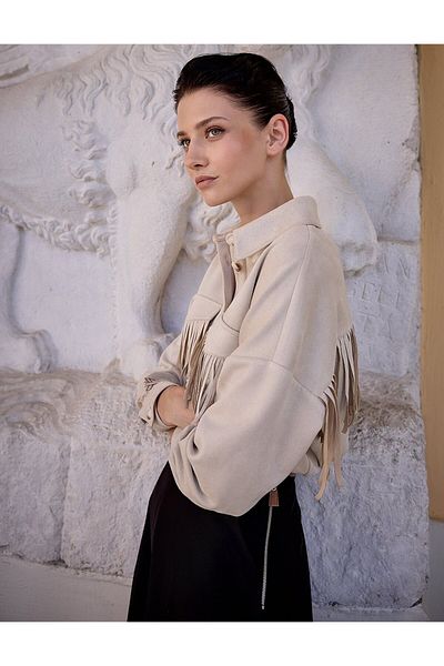 Kayra Stone Colored Suede Tunic with Cover Pocket