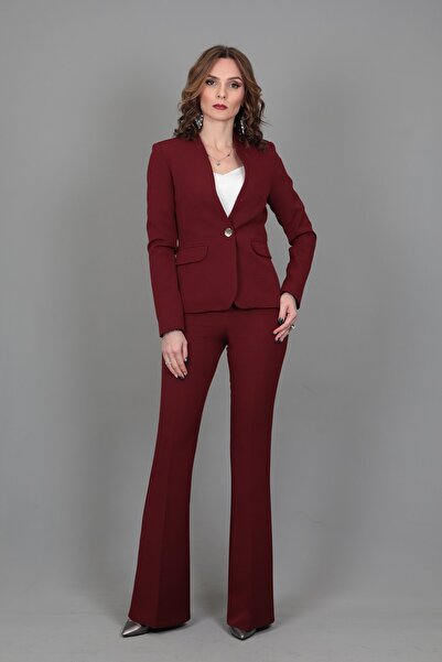ÖNDER ÖZSOY Collarless Single Button Jacket & Flared Trousers Set-Burgundy