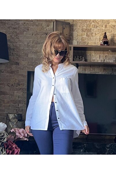 Cardella Kadın Hakim Yaka Düğme Detaylı %100 Pamuk Uzun Beyaz Gömlek