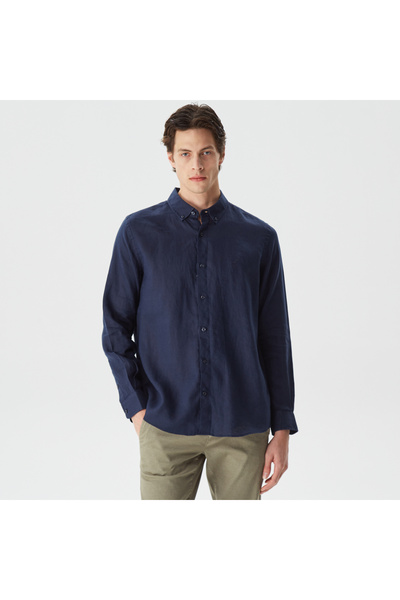 Nautica Erkek Lacivert Classic Fit Uzun Kollu Keten Gömlek