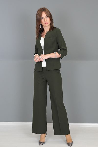 ÖNDER ÖZSOY V-Neck Short Jacket & Wide Leg Trousers Set-Khaki