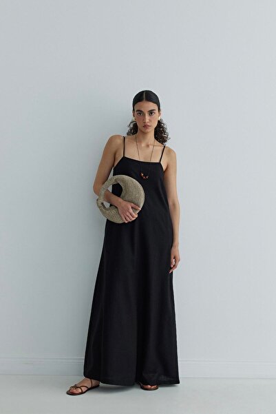Suud Collection Siyah Nice Askılı Keten Jile