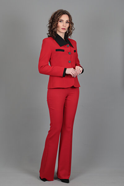 ÖNDER ÖZSOY Garnili Ceket & İspanyol Paça Pantolon Takım-Kırmızı