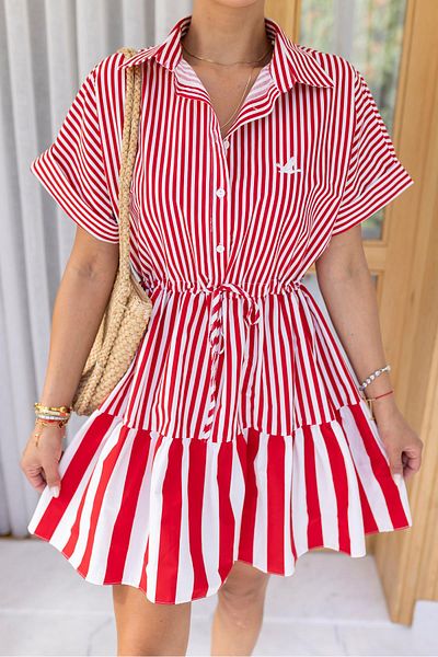 Askı Nişantaşı ReD-white String DetaileD Half Button Dress