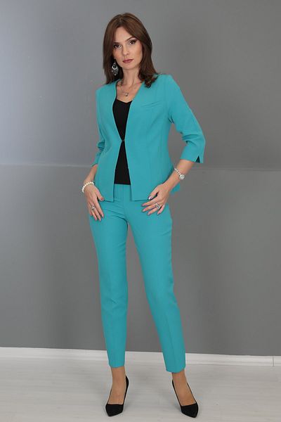 ÖNDER ÖZSOY V-Neck Short Jacket & Tube Leg Trousers Set-turquoise