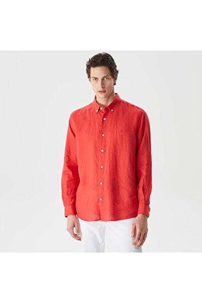 Nautica Erkek Kırmızı Classic Fit Uzun Kollu Keten Gömlek