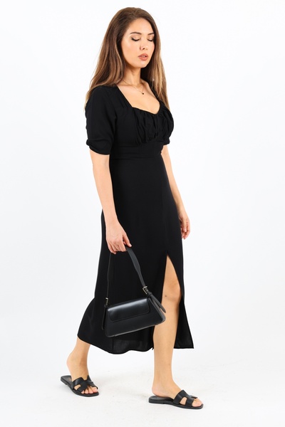 Ritnice Μαύρο Μίντι Φόρεμα Rena με λάστιχο στην πλάτη και σκίσιμο