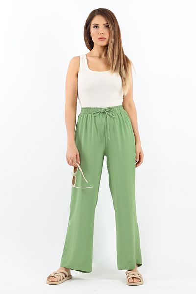Ritnice Women's Relaxed Green Elastic Waist Straight Cut Pocket Ayrobin Trousers