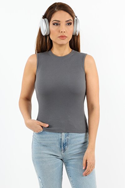 Ritnice Kadın Kapalı Yaka Pamuk Antrasit Düz Kol Fitilli Atlet