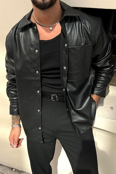 Elzem Black Leather Oversize Shirt
