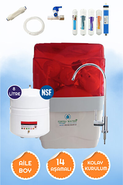 Şeffaf Kırmızı Beyaz 14 Aşamalı 8 Lt Çelik Tank 5 Filtreli Yüksek Mineralli Pompasız S