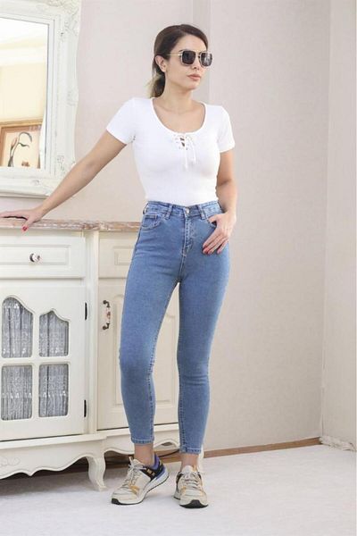 Ritnice Jean skinny Motto albastru de damă