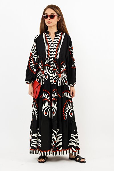 Ritnice Prive Γυναικείο Nena 100% Viscose Maxi Μήκος Μαύρο Κόκκινο Μπαλόνι Μακρύ Καλοκαιρινό Φόρεμα 24EL036