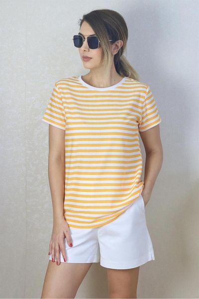 Ritnice Tricou de bază cu dungi alb muștar de damă