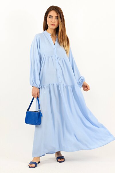 Ritnice Prive Γυναικεία Βάση 100% Βισκόζη Μπλε Maxi Μακρύ Καλοκαιρινό Φόρεμα με στρώσεις με μπαλόνι