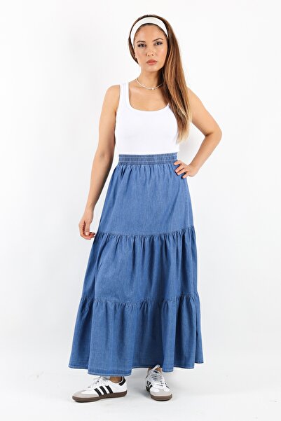 Ritnice Kadın Sporty Koyu Mavi Uzun Yumuşak Jean Etek