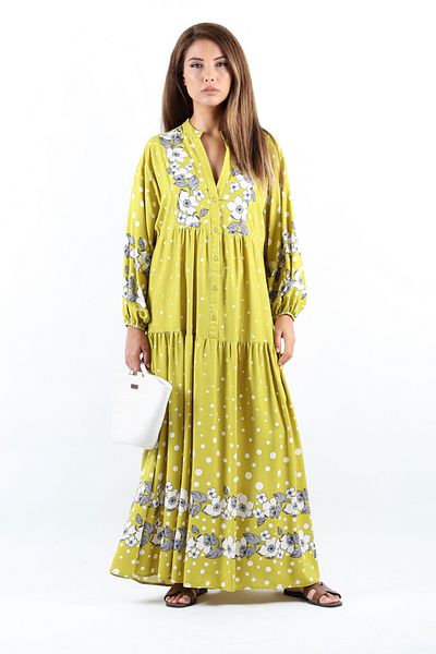 Ritnice Prive Dreamy Oil Green 100% Viscose Maxi Length Μακρύ Γυναικείο Καλοκαιρινό Φόρεμα