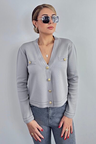 Ritnice Women's Lia Gray Gold Buttoned Knitwear Cardigan