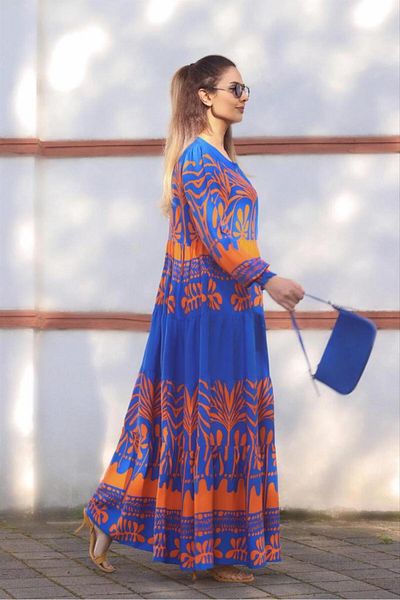 Ritnice Prive Women's 100% Cotton Elastic Blue Orange Long Dress