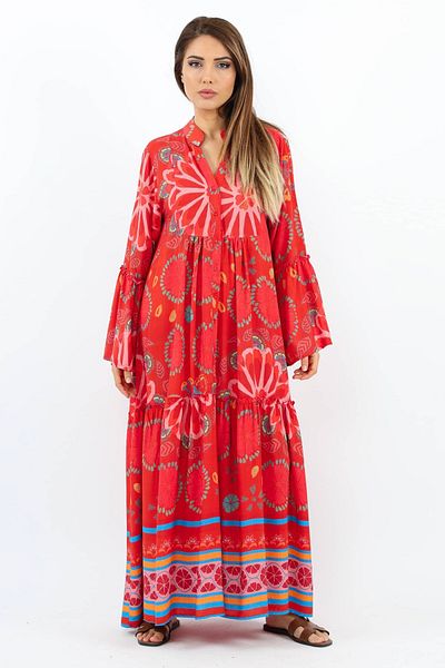 Ritnice Prive Women's Wave Sleeve Flounce 100% Viscose Red Maxi Length Summer Dress
