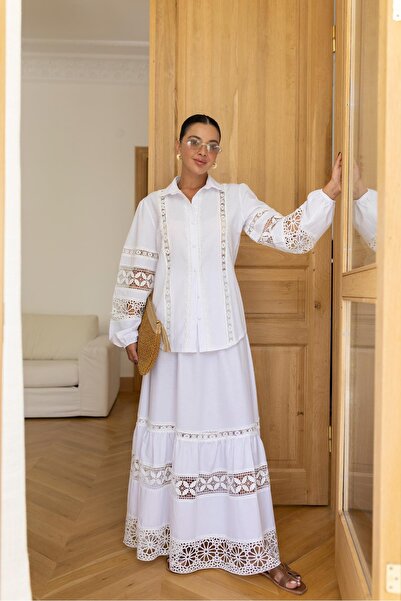 Askı Nişantaşı مجموعة قميص بتنورة مفصلة باللون الأبيض