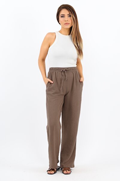 Ritnice Women's Linen Comfy Brown Straight Cut Elastic Waist Trousers