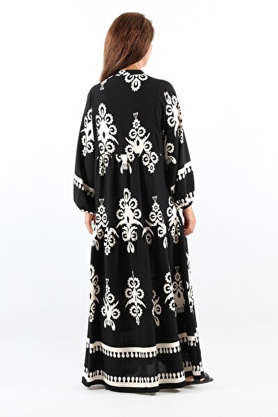 Ritnice Prive Μαύρο Μακρύ Φόρεμα Βισκόζης - Σχέδιο Σάλι, 100% Μέγεθος Maxi