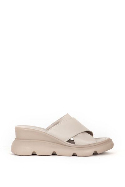 Dericlub Γκρι Wedge Heeled Cross Band Γυναικείες Παντόφλες - Γνήσιο δέρμα Zy 7673