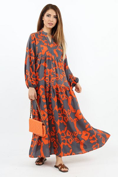 Ritnice Prive Women's Chain 100% Viscose Maxi Length Orange Balloon Sleeve Long Summer Dress