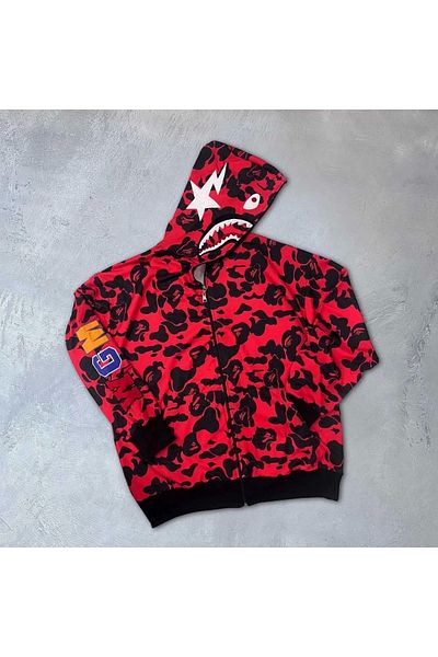 AXXAN Unisex 2 Thread Bape Hood Zippered Cardigan - Red
