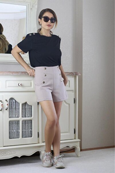 Ritnice Women's Beige Gold Button Detail Shorts