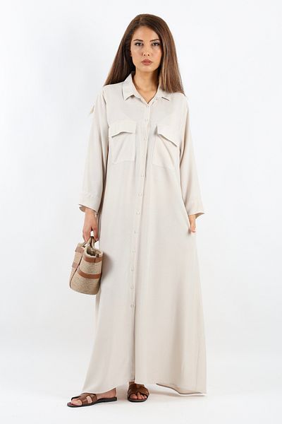 Ritnice Prive Beige Long Summer Dress - 100% Viscose, with Pockets