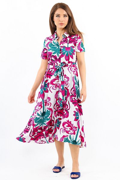 Ritnice Ροζ Midi Viscose Φόρεμα - Flare Shirt γιακάς και ζώνη