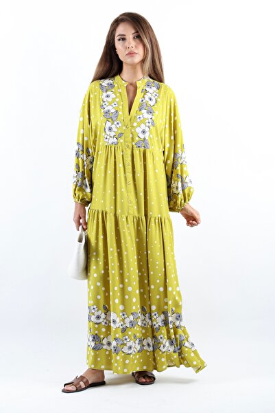 Ritnice Prive Dreamy Oil Green 100% Viscose Maxi Length Μακρύ Γυναικείο Καλοκαιρινό Φόρεμα