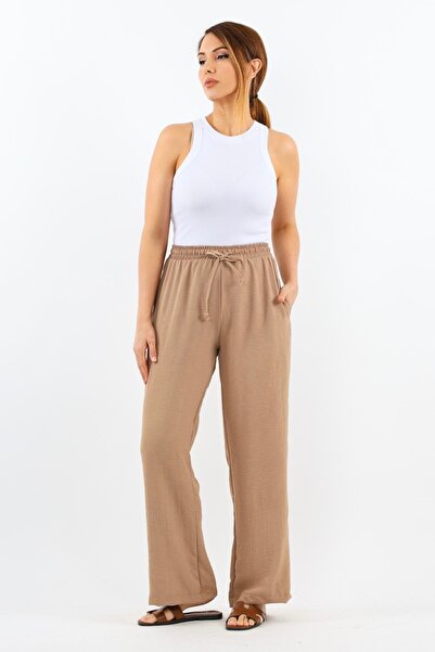 Ritnice Women's Relaxed Beige Elastic Waist Straight Cut Pocket Ayrobin Trousers