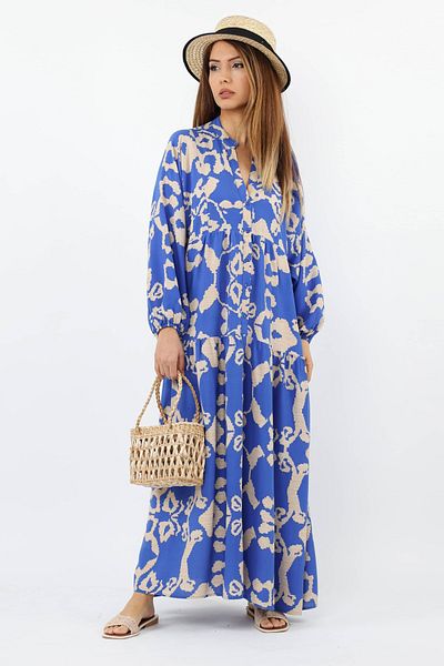 Ritnice Prive Women's Chain 100% Viscose Maxi Length Blue Balloon Sleeve Long Summer Dress