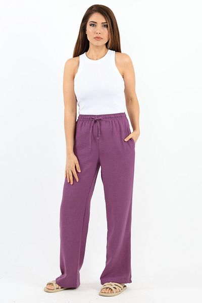 Ritnice Pantaloni de damă, comozi, mov, cu tăietură dreaptă, cu talie elastică