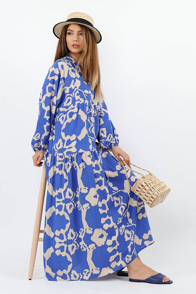 Ritnice Prive Women's Chain 100% Viscose Maxi Length Blue Balloon Sleeve Long Summer Dress