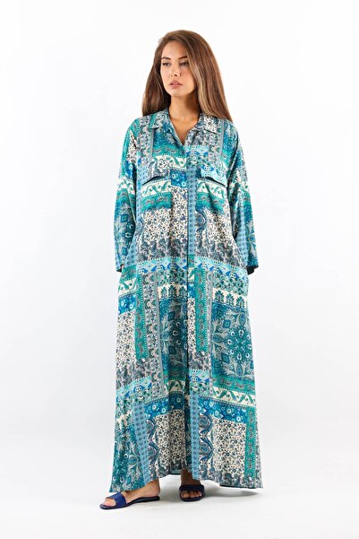 Ritnice Μπλε πουκάμισο γιακά βισκόζη μακρύ καλοκαιρινό φόρεμα - μπροστινό κουμπί