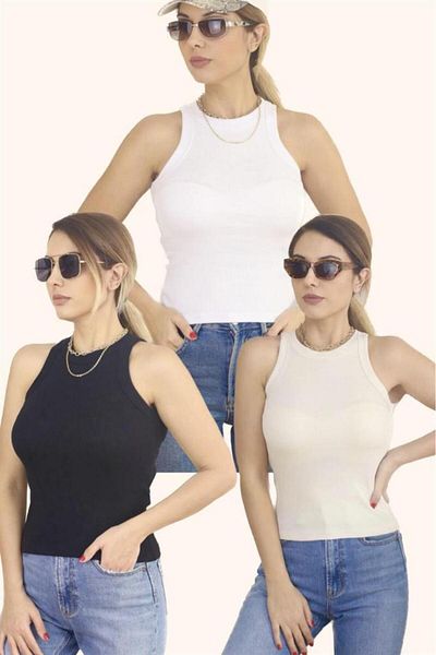 Ritnice Women's 3-Piece Premium Texture Cotton Ribbed Undershirt White, Black, Cream