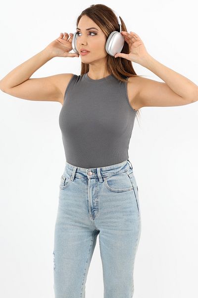 Ritnice Women's Closed Collar Cotton Anthracite Straight Sleeve Corded Tank Top