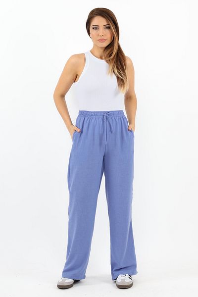 Ritnice Pantaloni de damă din in, comozi, liliac, cu tăietură dreaptă, cu talie elastică