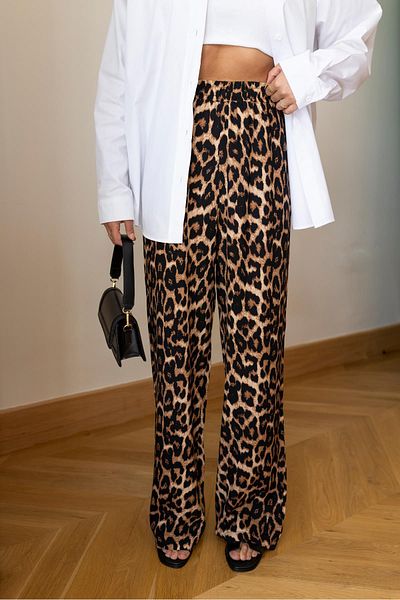 Askı Nişantaşı High Waist Elastic Brown Leopard Print Trousers