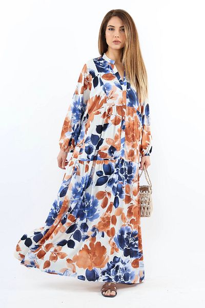Ritnice Prive Women's - Roses Blue Cinnamon 100% Viscose Maxi Dress