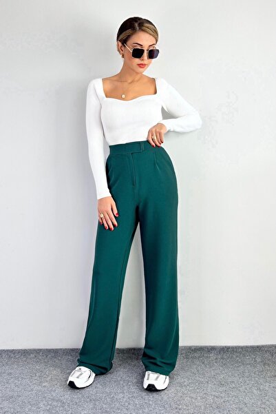 Ritnice Line Kadın Likralı Cırt Kapama Zümrüt Yeşili Palazzo Pantolon