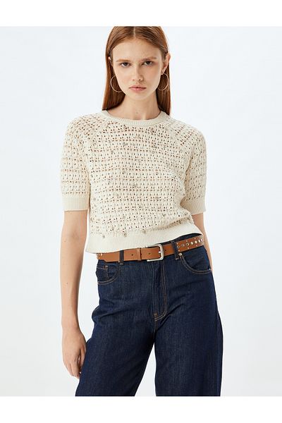 Koton Openwork Bead Embroidered Crop Sweater - Short Sleeve, Crew Neck
